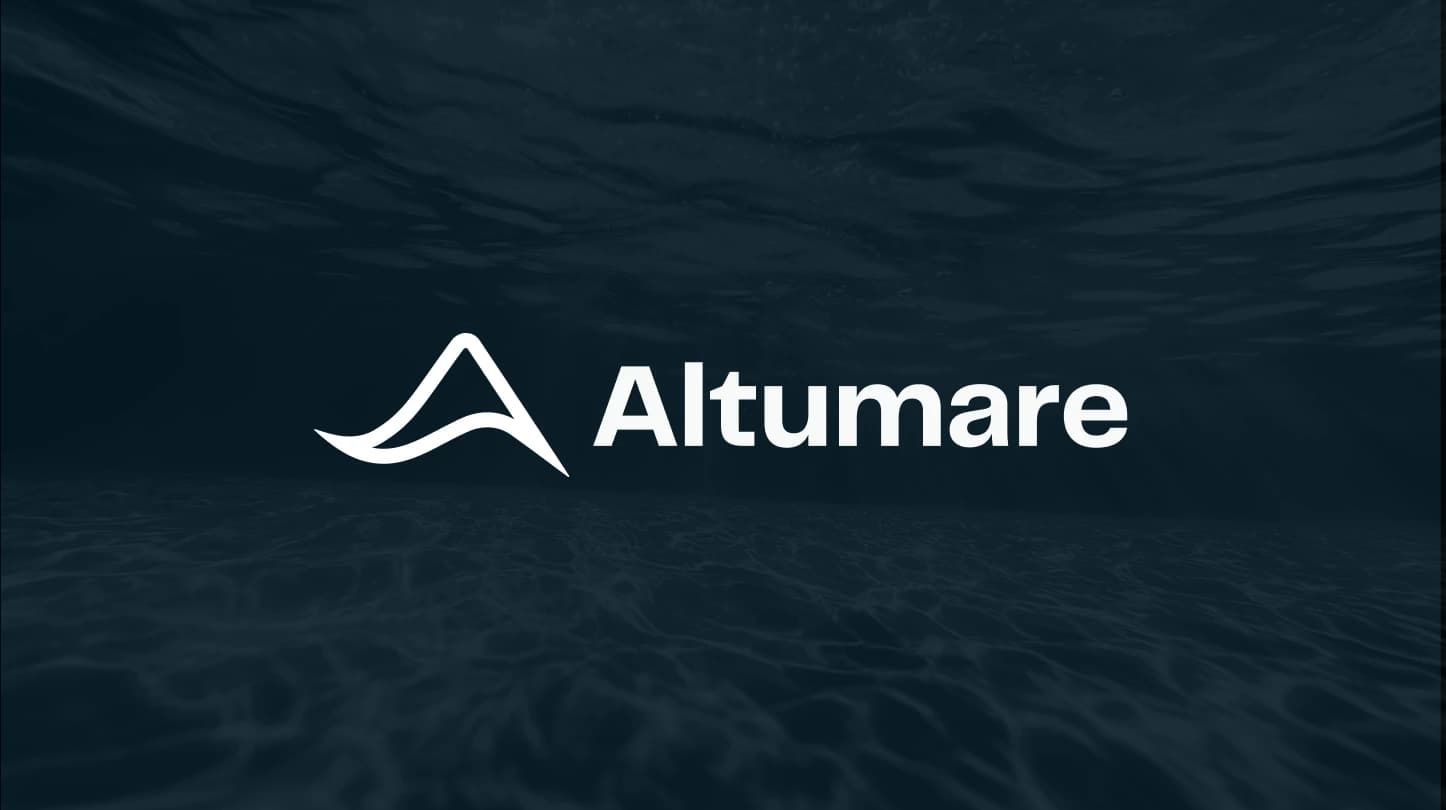 Altumare brand mark set over an underwater scene with rippled light on the seafloor.