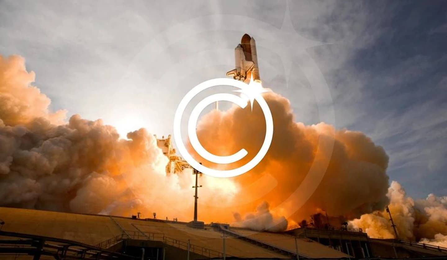 Copyright mark composed over a space-shuttle launch through orange exhaust clouds.
