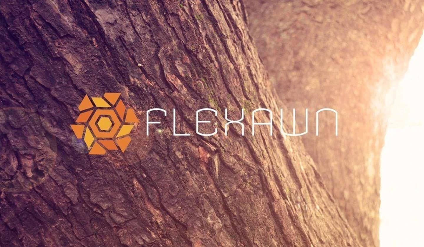 Flexawn brand identity over a sunlit close-up of textured tree bark.
