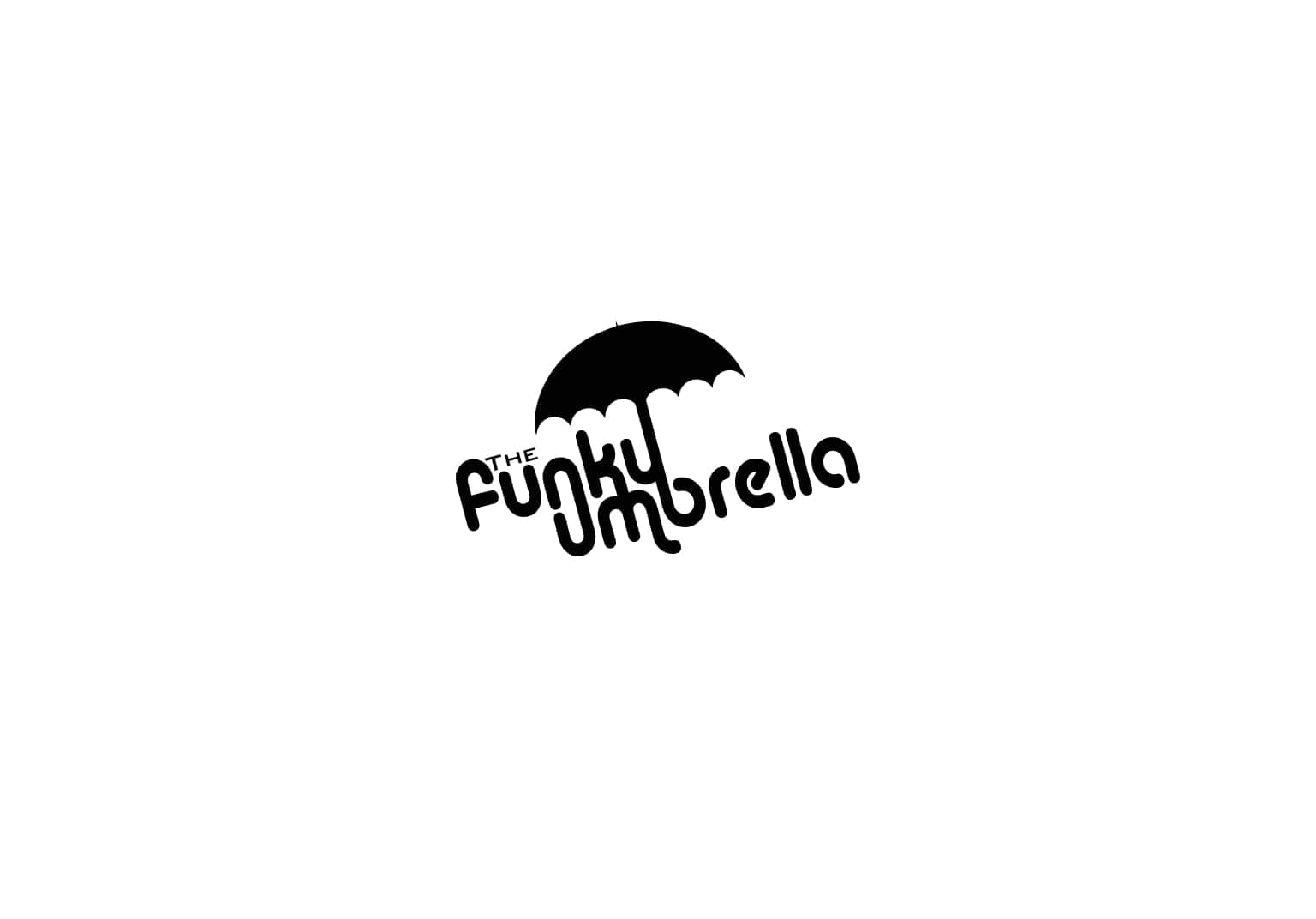 The Funky Umbrella hand-lettered logo mark with a black umbrella over the wordmark on a white field.
