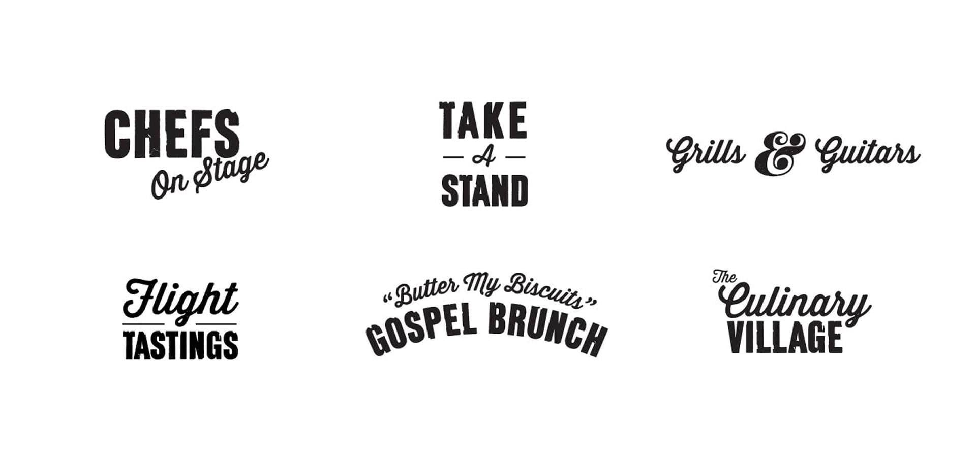 Life is Beautiful festival sub-brand logos: six vintage typographic lockups for Chefs On Stage, Take A Stand, Grills & Guitars, Flight Tastings, Gospel Brunch, and The Culinary Village.