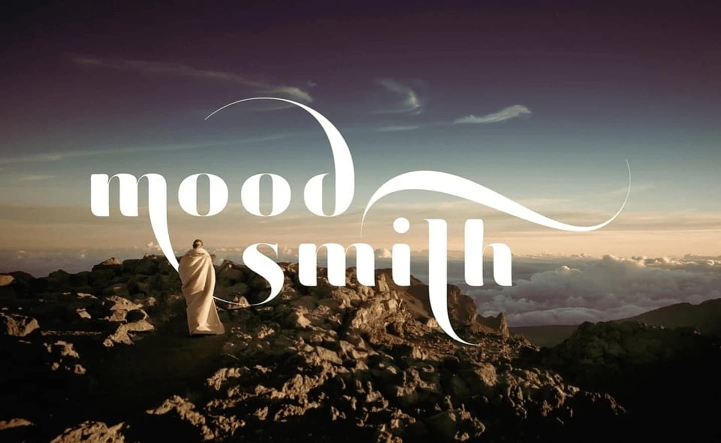 Moodsmith brand identity layered over a cinematic sunset summit landscape.