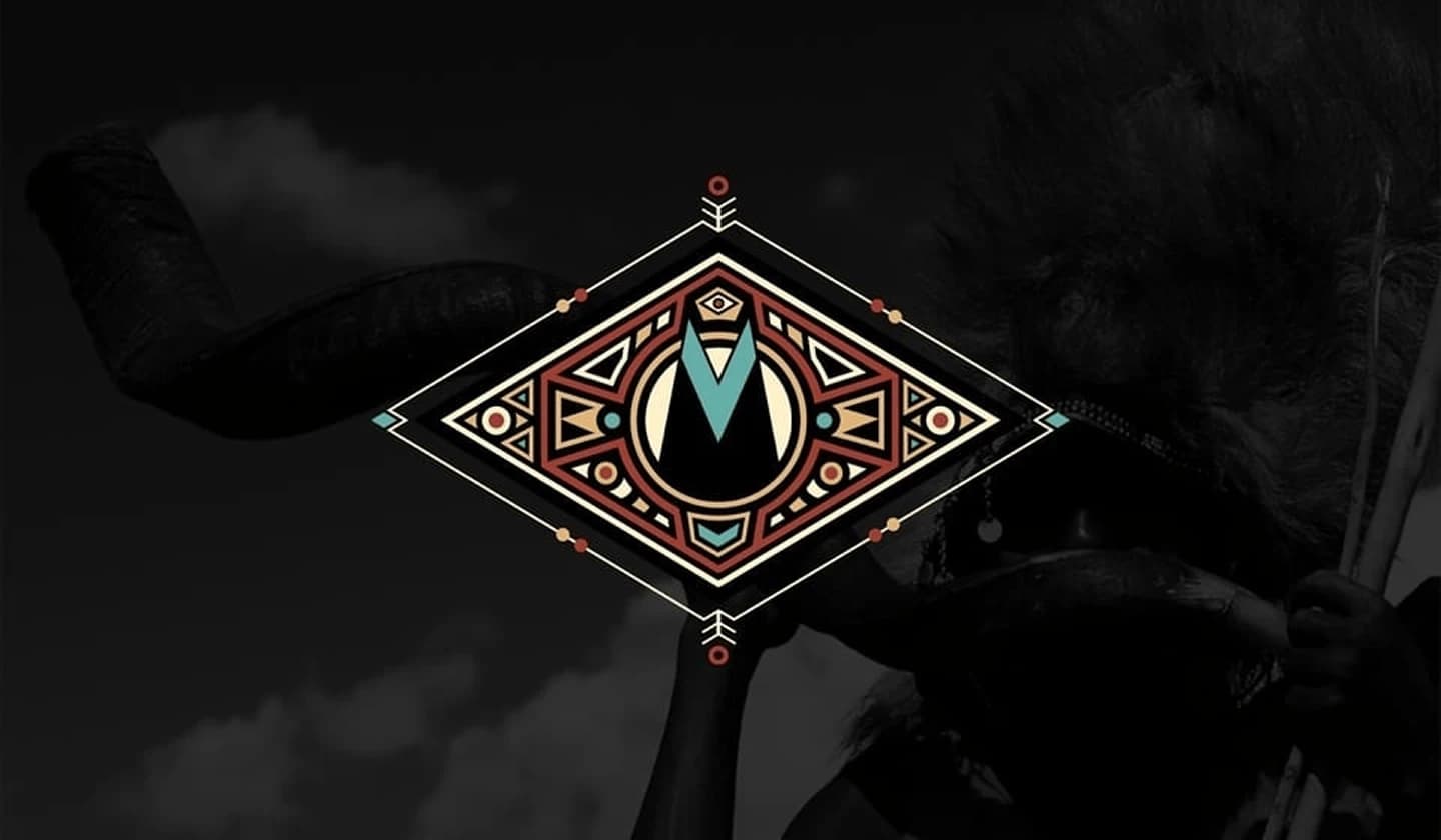 Diamond emblem with tribal patterning over a black-and-white horned figure portrait.