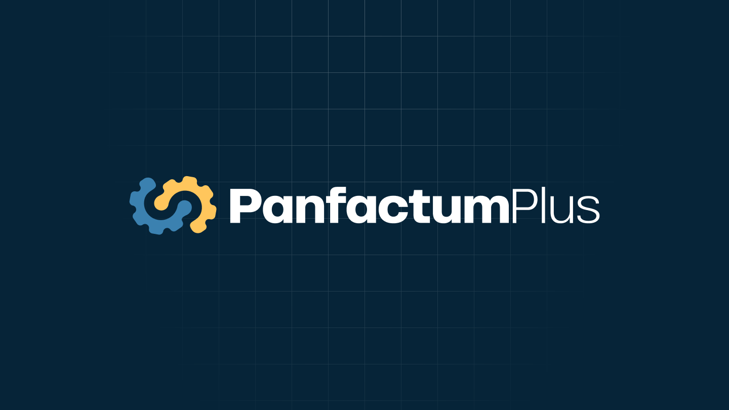 Panfactum Plus brand lockup on a deep navy gridded technical background.