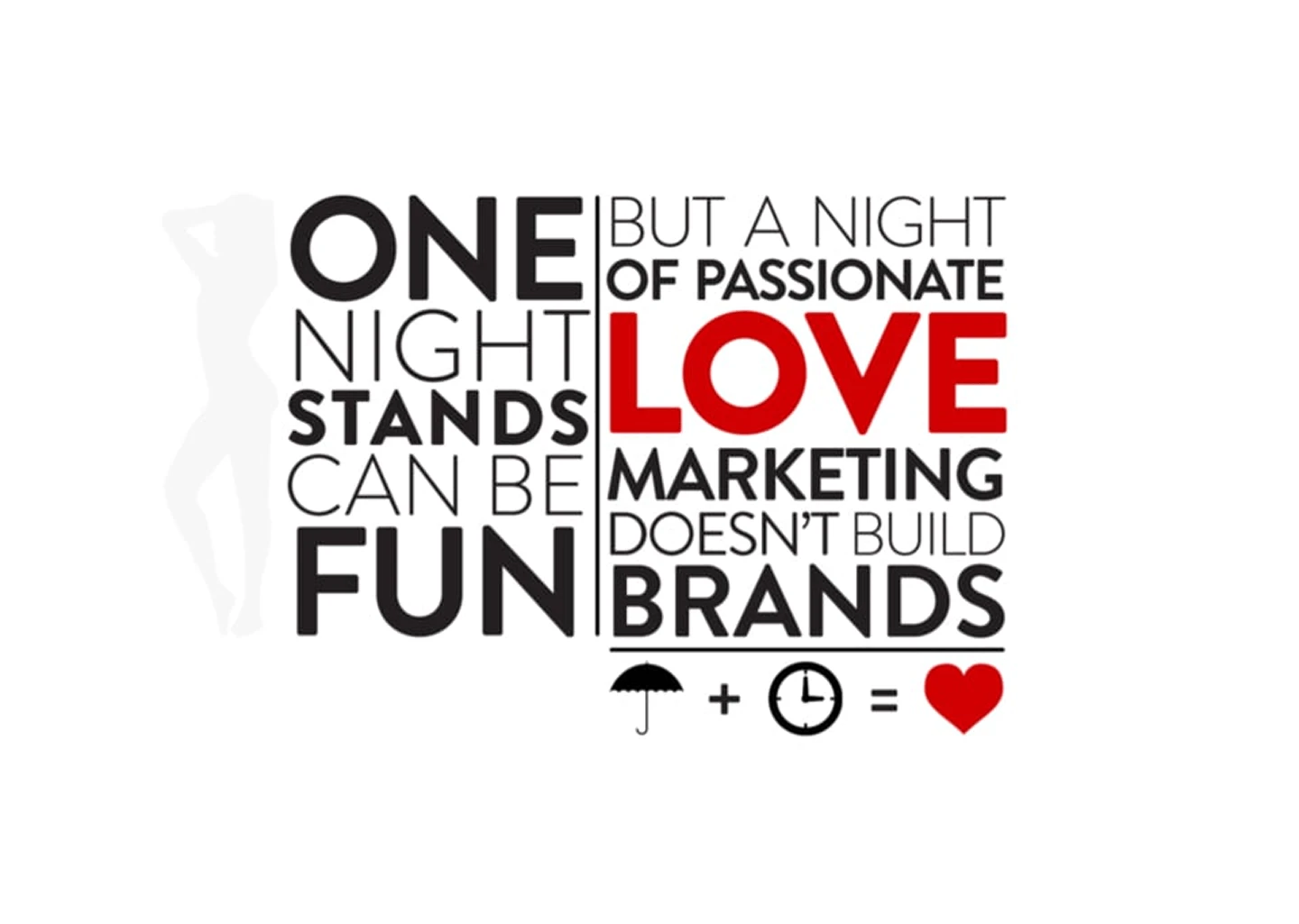 Editorial typographic poster contrasting one-night stands with passionate love marketing.