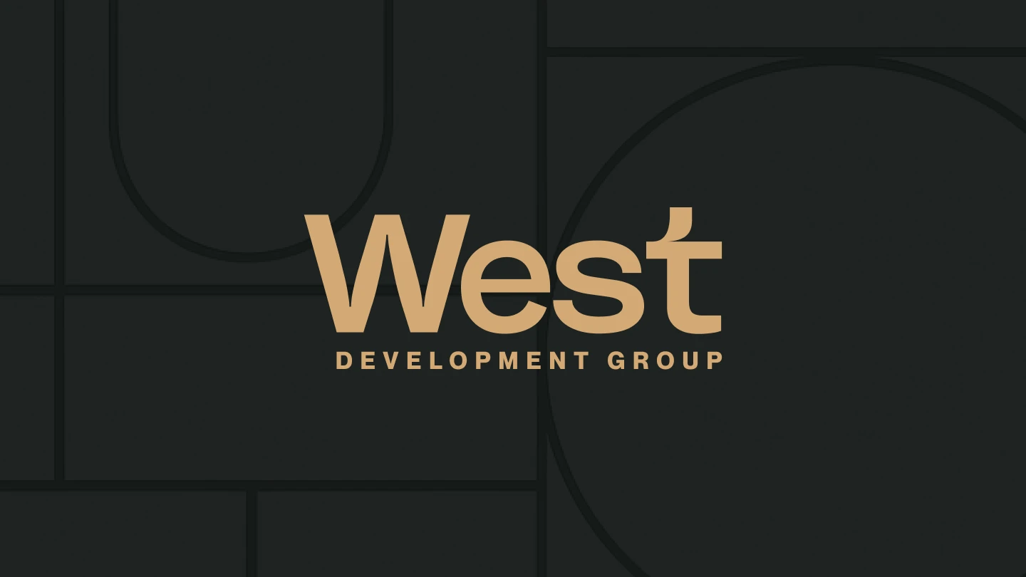 West Development Group brand mark in muted gold on a charcoal architectural pattern.