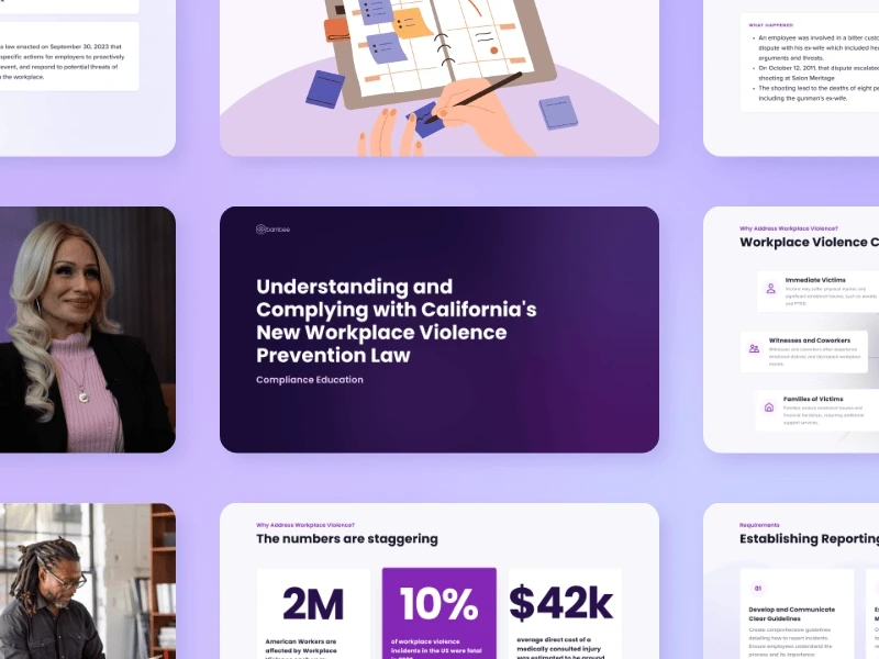 A composite of Bambee customer surfaces: a workplace violence prevention compliance card, an HR statistics card, and an establishing-reporting screen, arranged on a soft purple gradient.