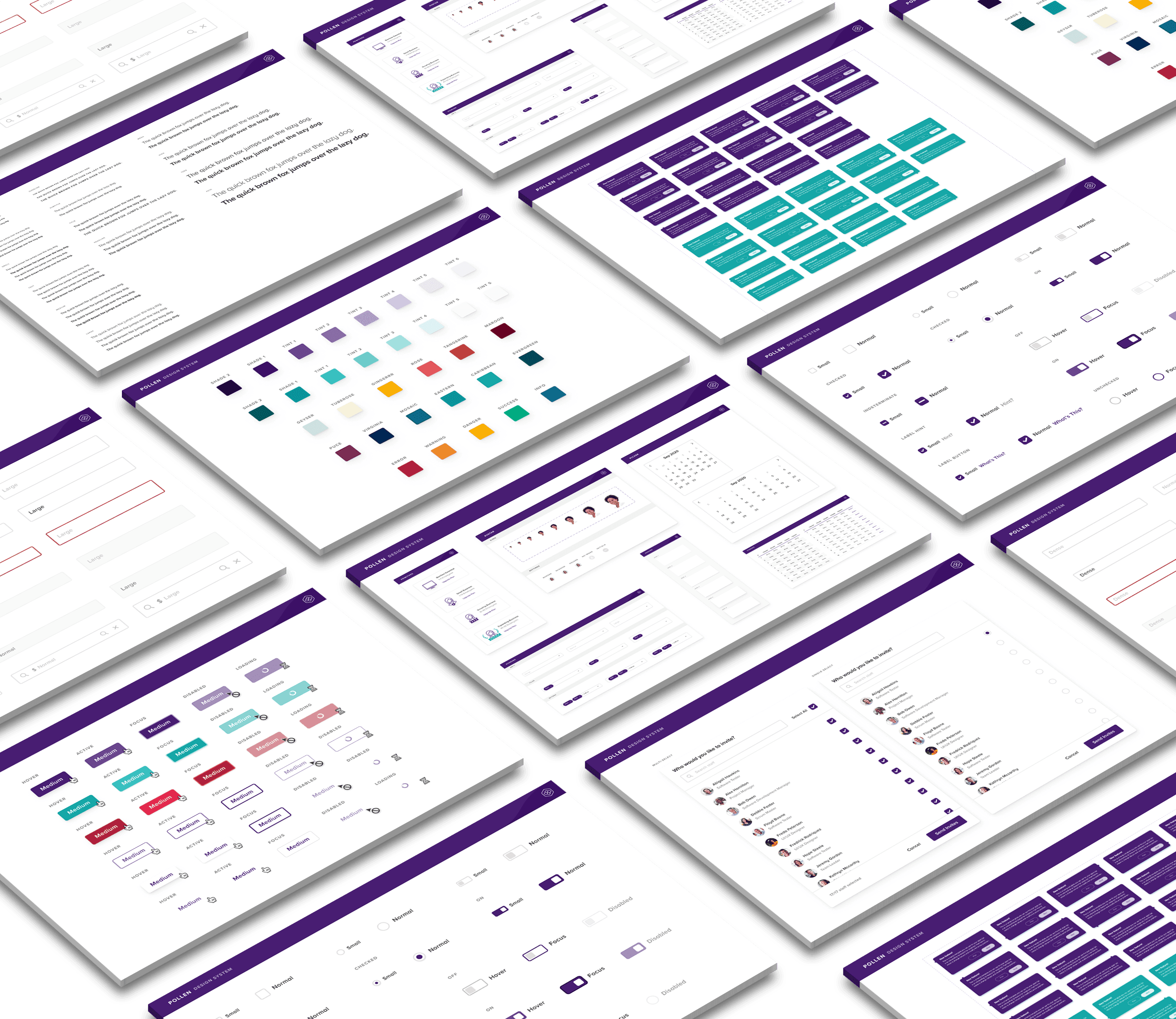 Isometric grid of tablet screens showing Pollen, Bambee's design system: color palettes, component variants, form controls, navigation, and data layouts in the purple brand palette.