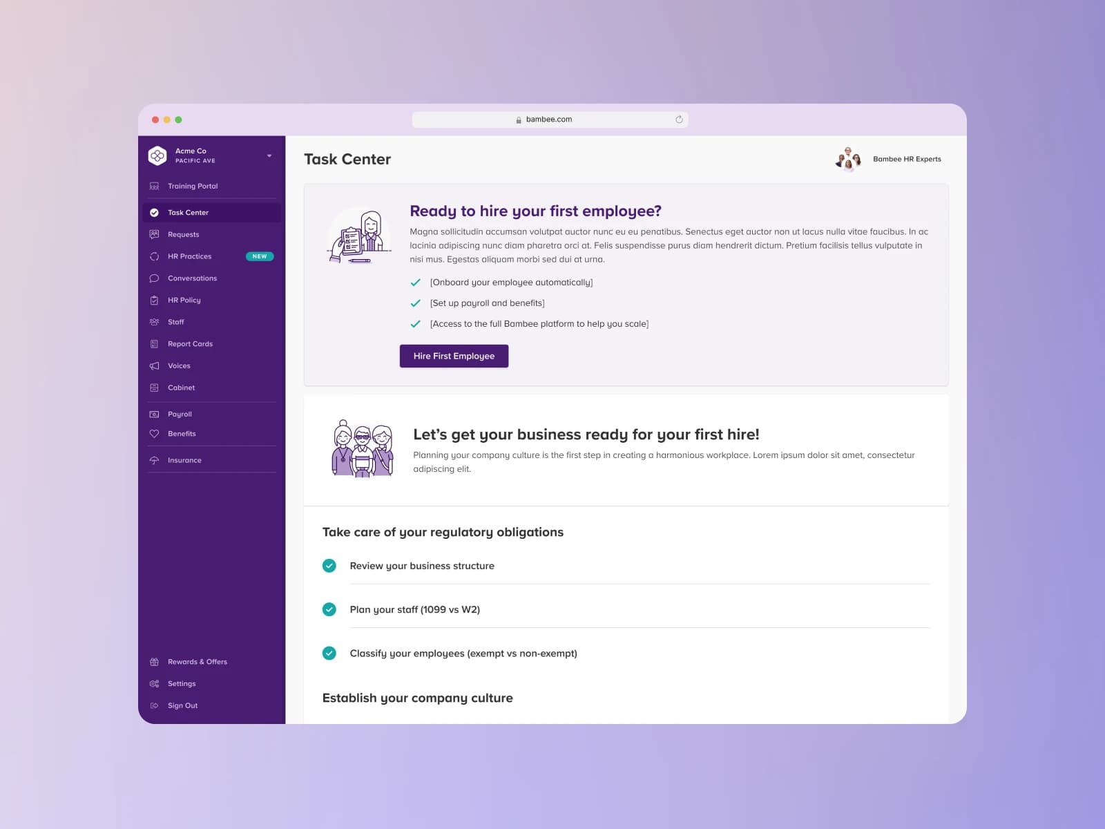Bambee customer Task Center: a sidebar with Training Portal, Task Center, Requests, HR Practices, Conversations, HR Policy, Staff, Payroll, Benefits, and Insurance; the main pane shows a 'Ready to hire your first employee?' card with onboarding, payroll, and platform setup checklist.
