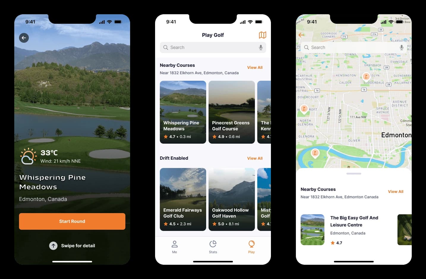Three iPhone screens of the consumer app: a course detail card with current weather and a Start Round button, a Drift-enabled course list, and a browse map of nearby Edmonton courses.