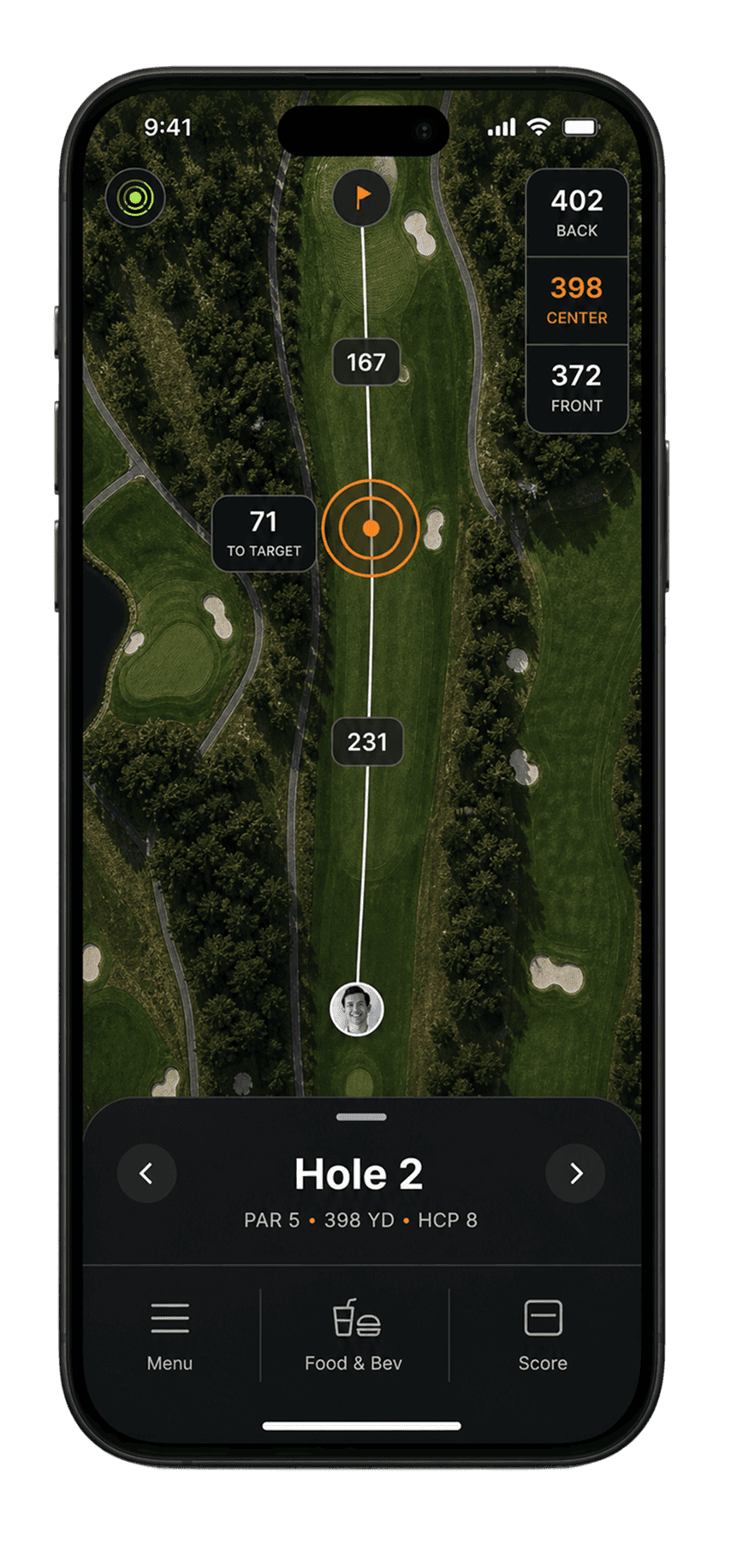 iPhone screen showing a top-down GPS view of Hole 2, par 5, with carry distances of 167, 231, and 71 to a target ring on the fairway and back, center, and front green numbers stacked at the top right.