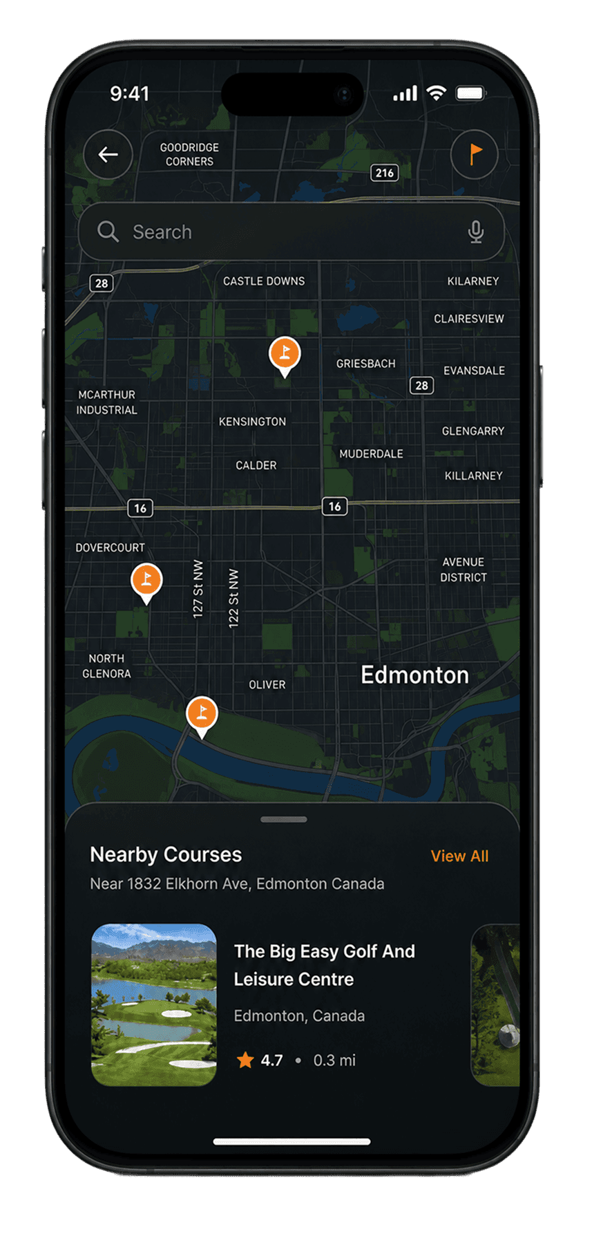 iPhone screen showing a course discovery map of Edmonton with three pinned courses, a search field, and a Nearby Courses sheet at the bottom previewing The Big Easy Golf and Leisure Centre.