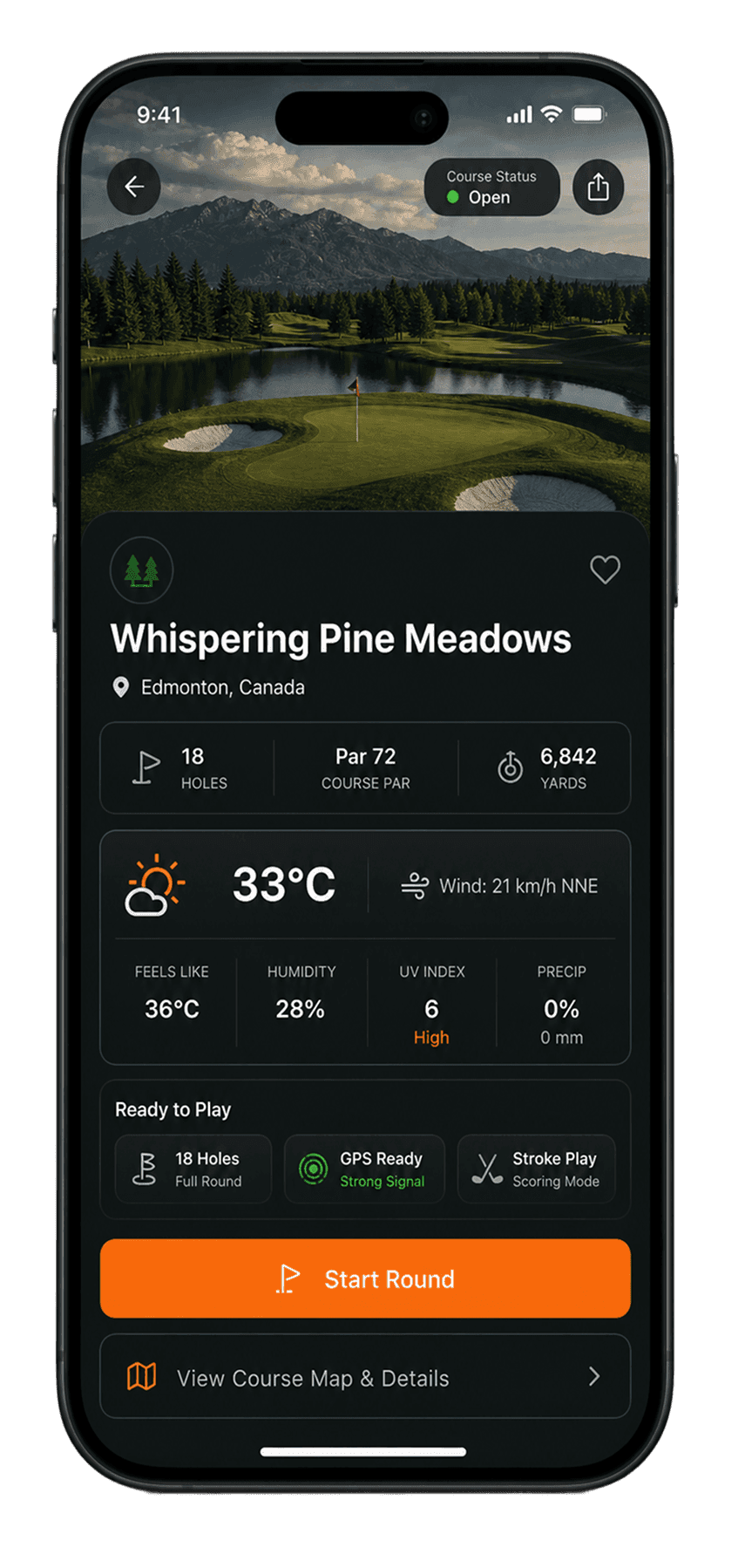iPhone screen showing the course detail for Whispering Pine Meadows with 18 holes, par 72, 6,842 yards, 33 degree weather, a Ready to Play row with stroke play selected, and a large Start Round button.