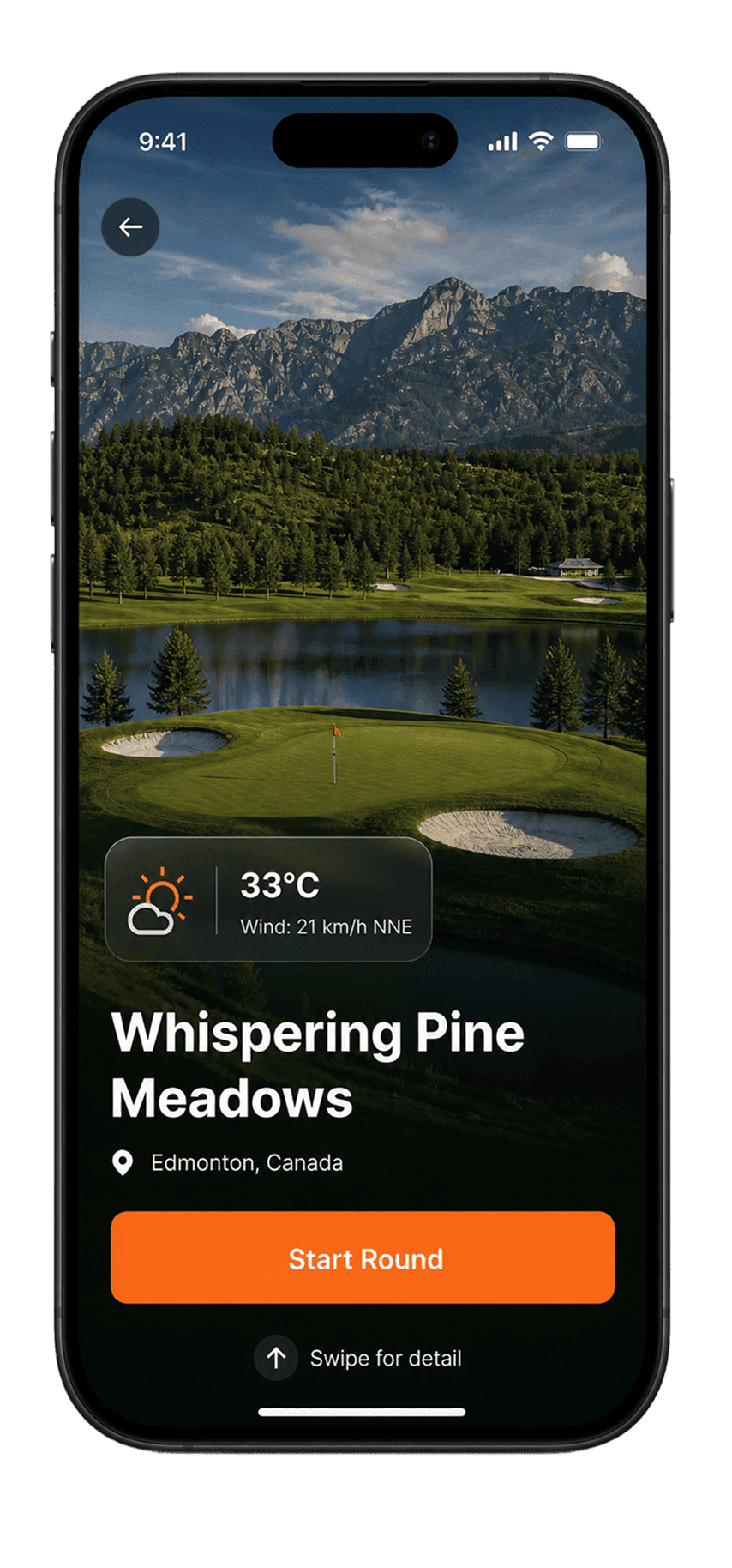 iPhone screen showing a full-bleed photo of Whispering Pine Meadows with a weather chip, course title, and an orange Start Round button anchored at the bottom.