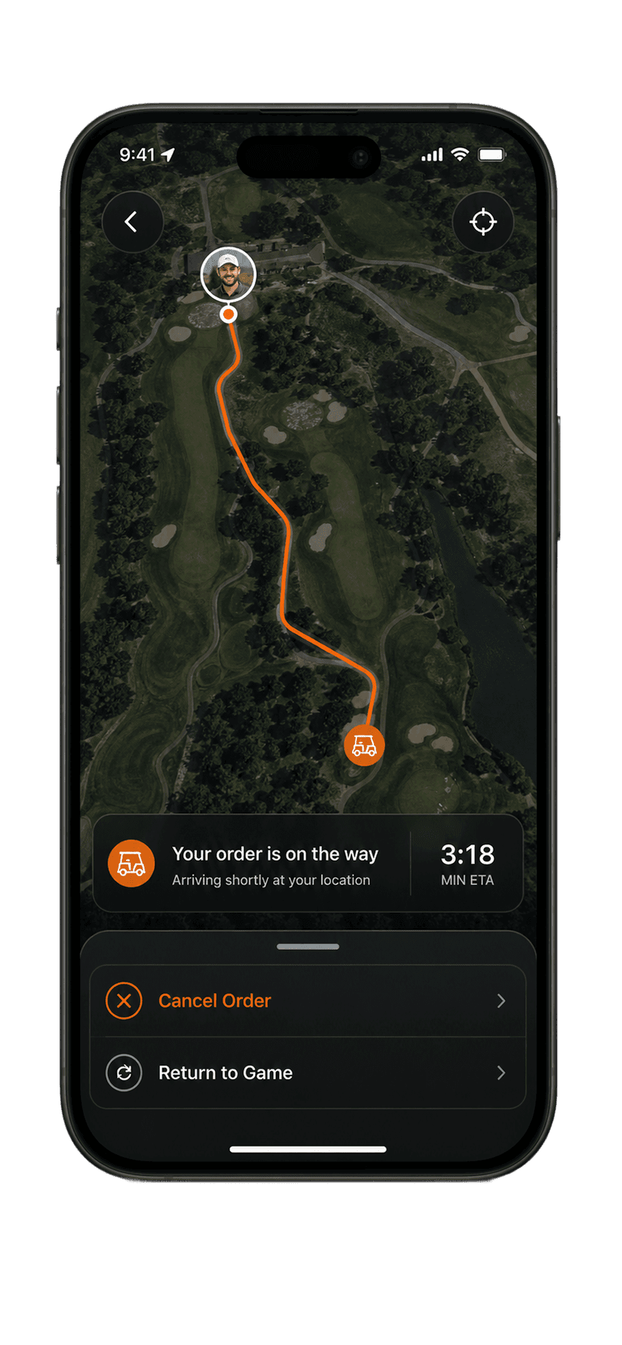 iPhone screen showing an in-progress food order tracked on the course map, with an orange path running from the player's cart icon to the delivery icon, an arriving-shortly status, a 3:18 ETA, and Cancel Order or Return to Game options.