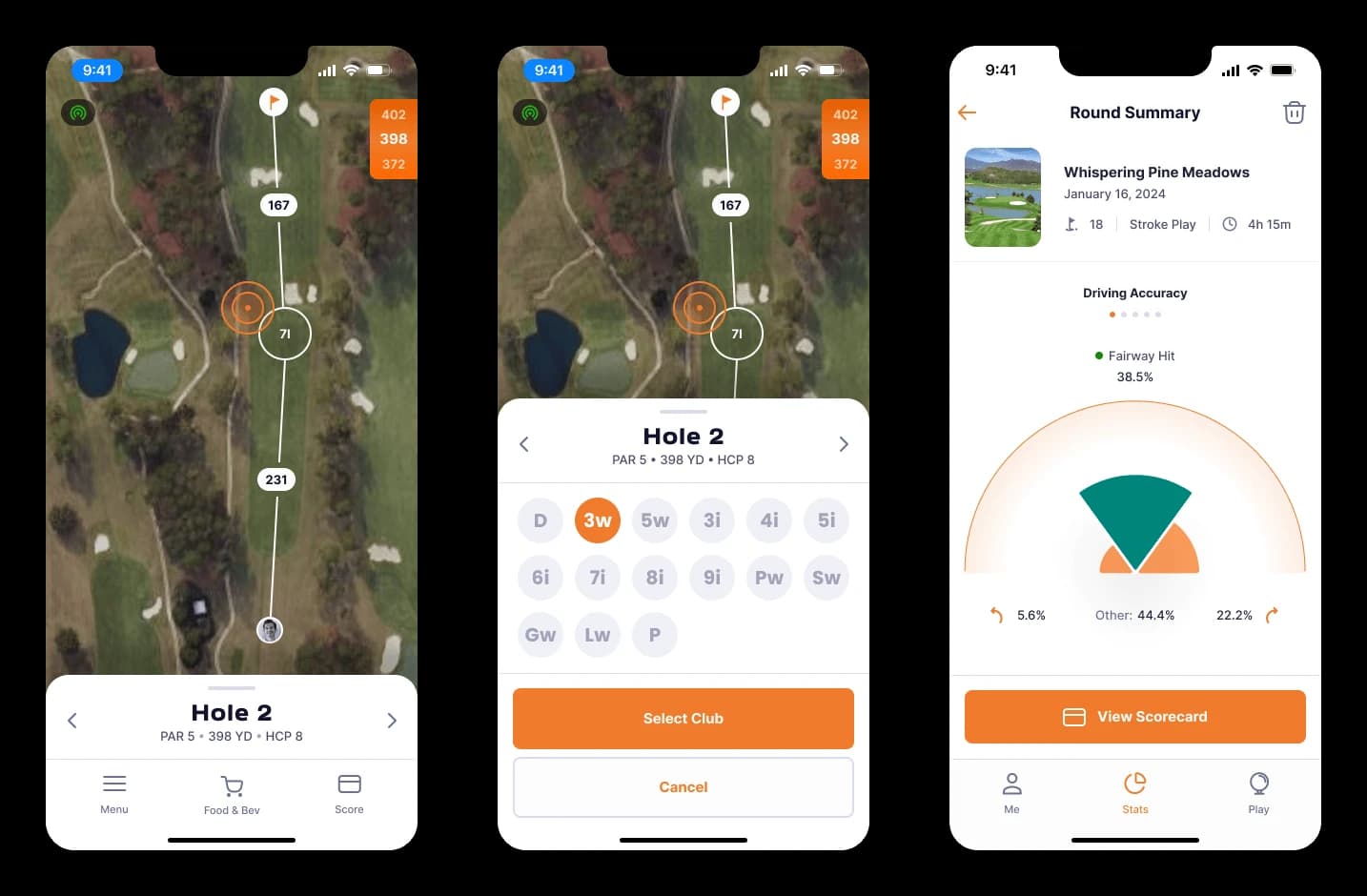 Three iPhone screens during a round: a GPS hole layout with distances to the green, a club selection sheet with 3w highlighted, and the post-round summary with driving accuracy.