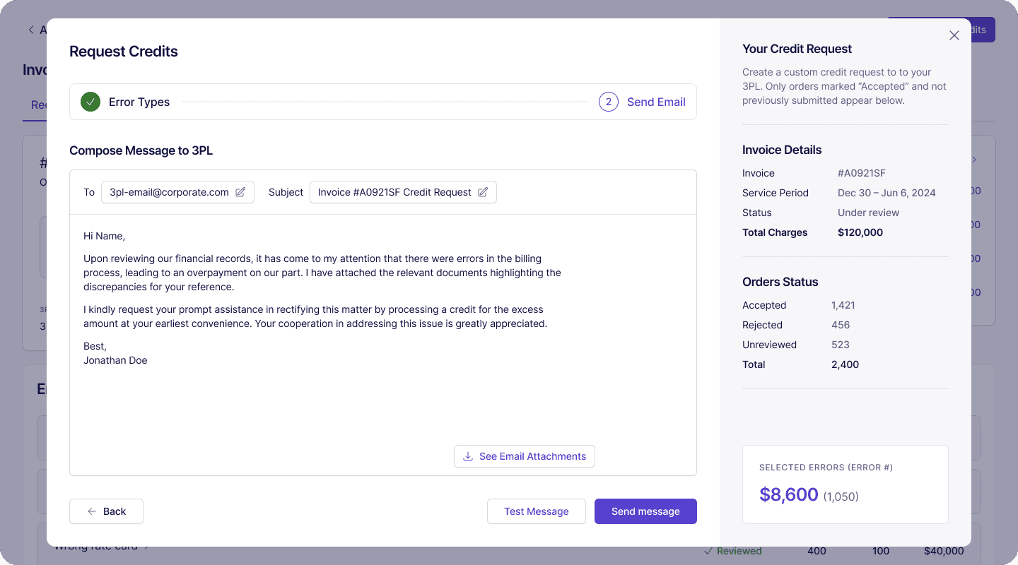 Request Credits modal composing the email back to the 3PL, with the invoice details, order status counts, and total selected error dollar value pinned in the right rail.