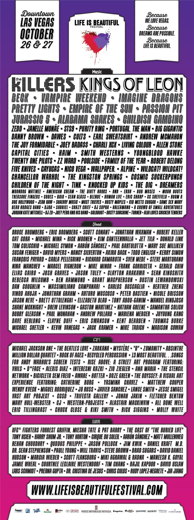 Tall printed lineup poster with The Killers and Kings of Leon as headliners at the top, followed by a dense type-set list of every supporting act across the festival.