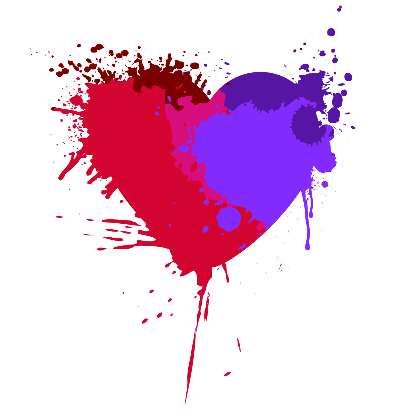 The Life is Beautiful heart mark: a hand-drawn heart split between red and purple paint, with splatters and drips trailing in every direction.