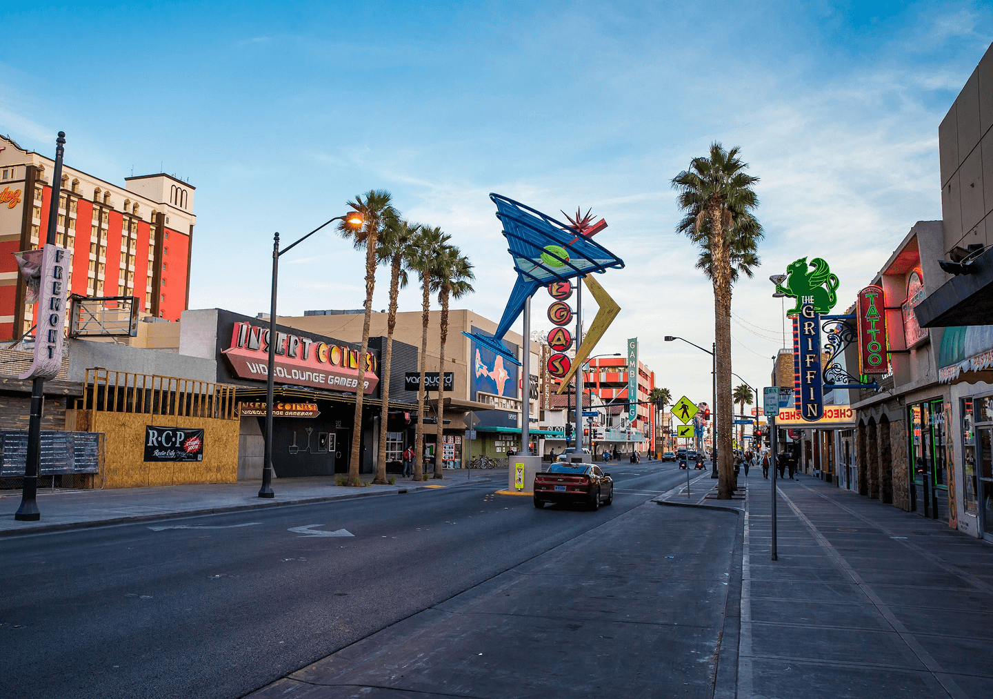 Downtown Las Vegas street scene from the pre-revitalization era, capturing the neighborhood as it stood before the Downtown Project began.