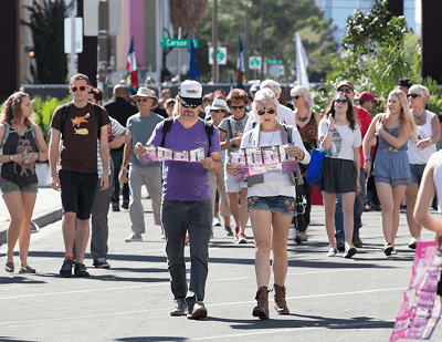Life is Beautiful Festival on the ground: attendees moving through the eighteen-block footprint as the festival ran in real time.