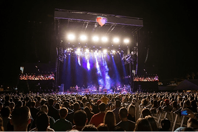 Stage and crowd photograph from Life is Beautiful, brand-aligned graphics framing the performance area.