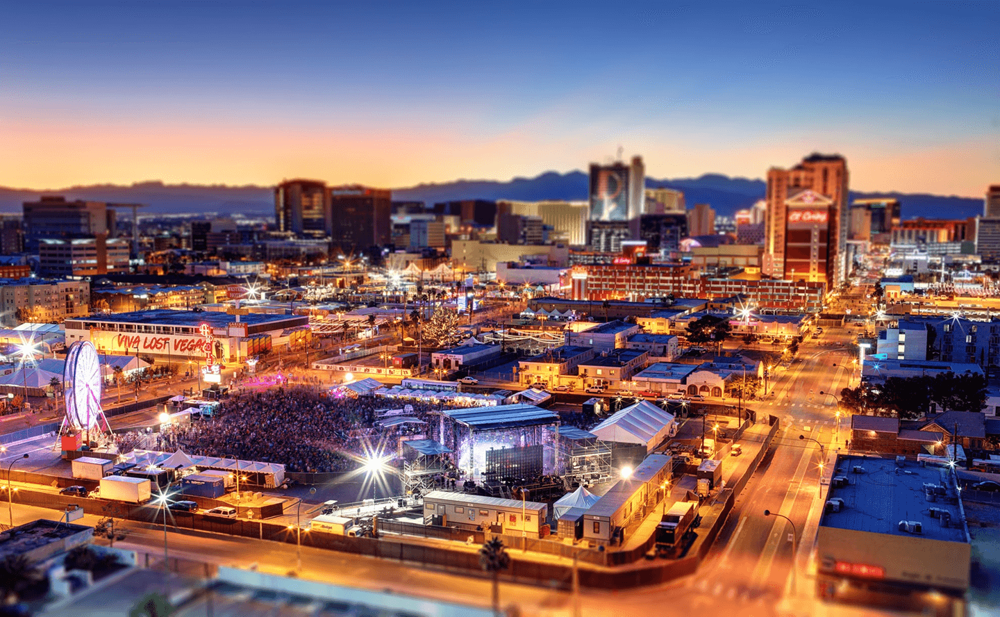 Aerial view of Life is Beautiful in progress: eighteen blocks of downtown Las Vegas filled with crowds, stages, and brand-aligned signage running through the streets.