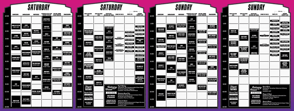 Printed festival daily schedule, stage-by-stage set times laid out for attendees to grab and carry through the eighteen-block footprint.