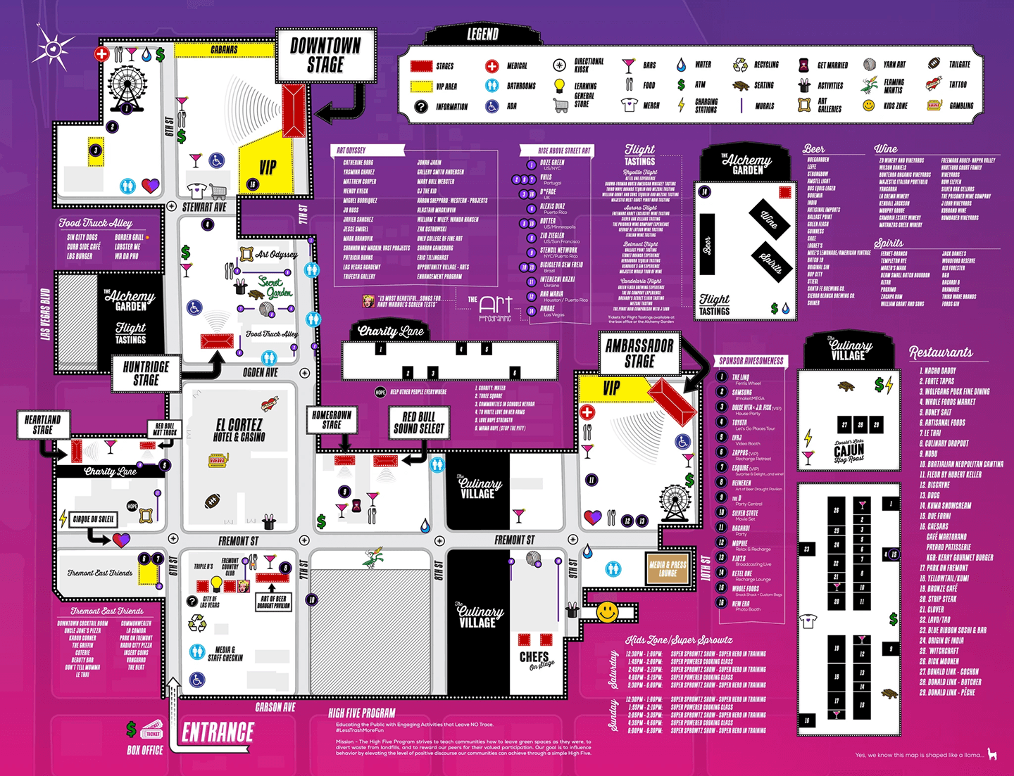 Printed festival site map covering the eighteen-block footprint, with stages, food courts, art zones, sponsors, restrooms, and entry/exit points labeled across a single sheet.