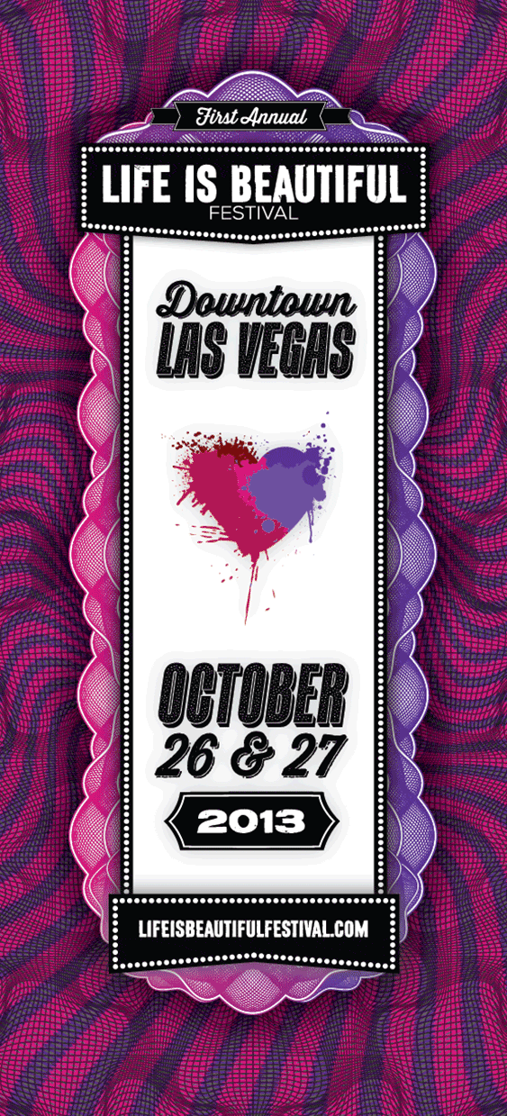 Animated festival ticket cycling through Life is Beautiful brand treatments. The Heart mark, typography, and color system applied to a single attendee artifact.