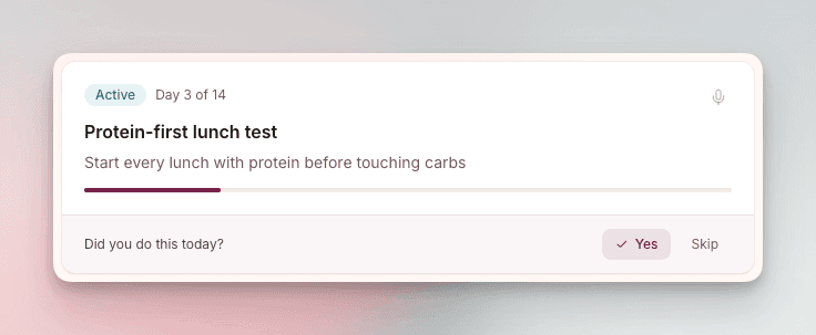 LifeJet active experiment card for a protein-first lunch test