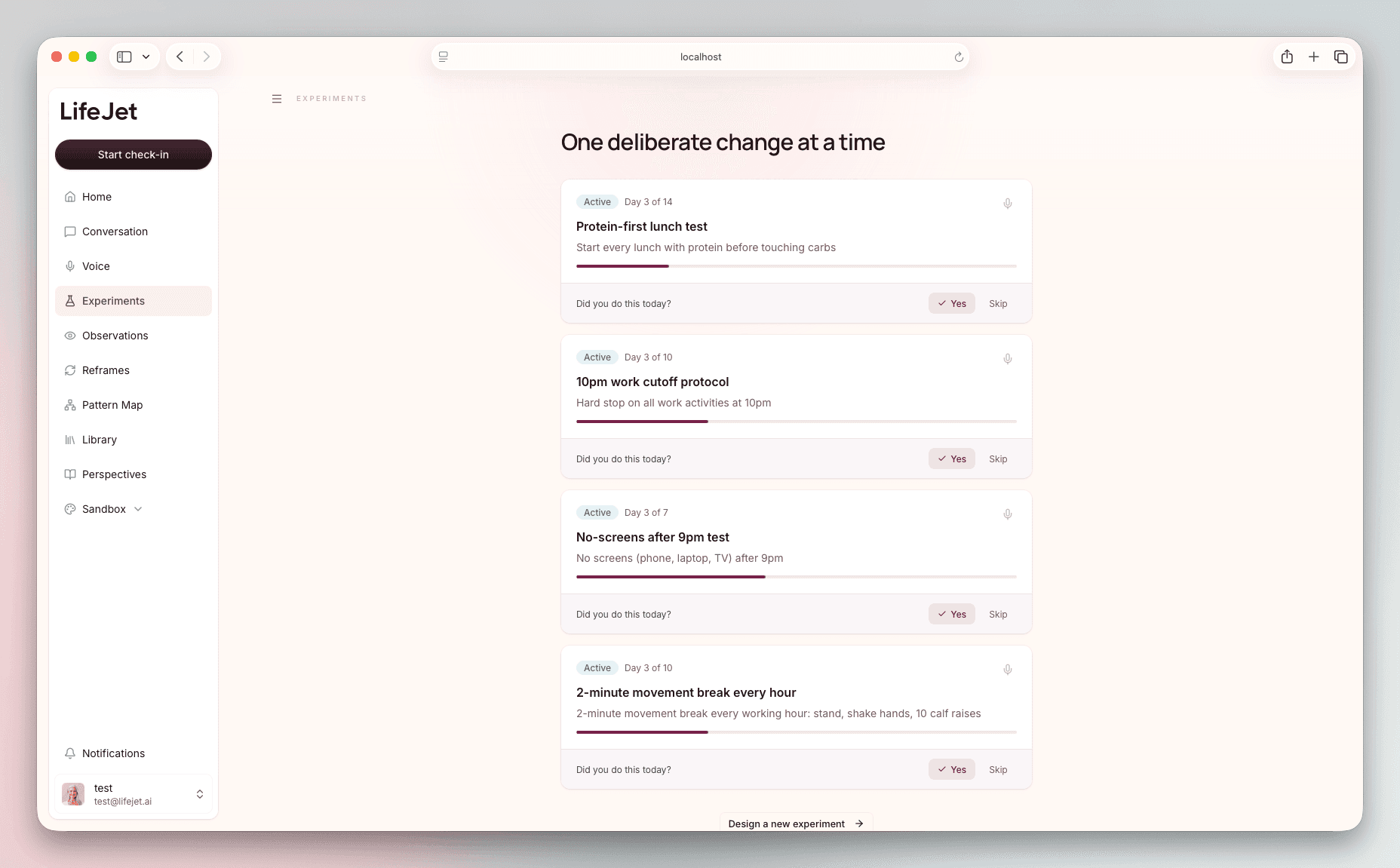 LifeJet experiments page listing active health experiments