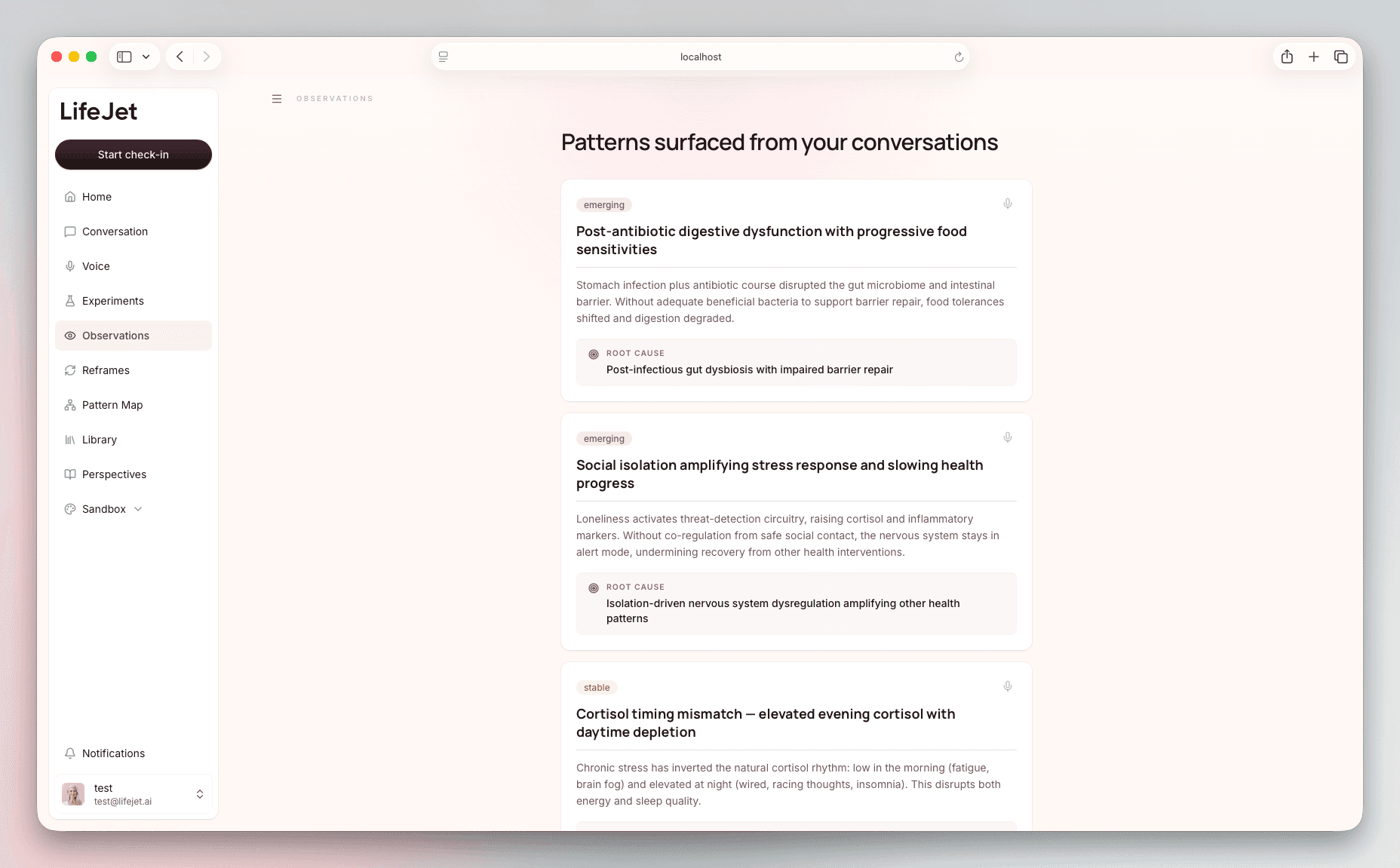 LifeJet observations page showing patterns surfaced from conversations