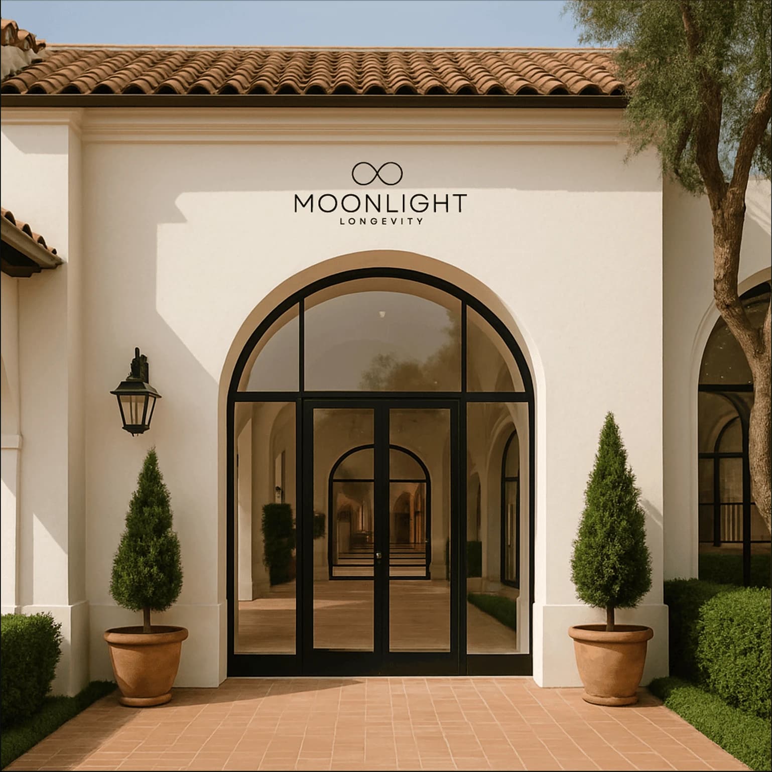 The practice entrance, a Spanish-tile-roofed facade with arched glass doors and the Moonlight Longevity wordmark mounted above.