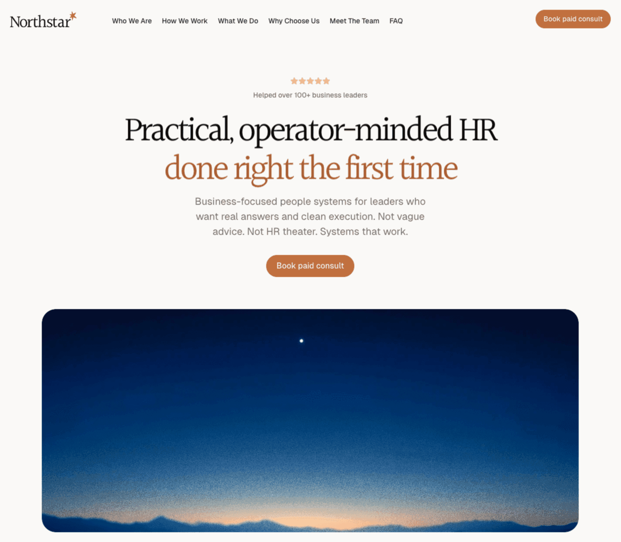 The Northstar home page: wordmark and navigation, the headline 'Practical, operator-minded HR done right the first time' set in a serif with a copper italic emphasis, and the dusk lighthouse photograph below.