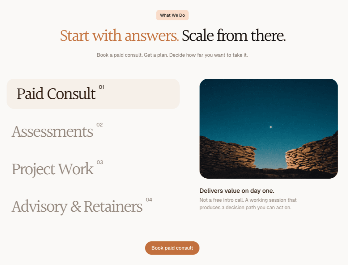 The 'What We Do' section showing the four engagement modes (Paid Consult, Assessments, Project Work, Advisory & Retainers) beside a dusk landscape photograph.