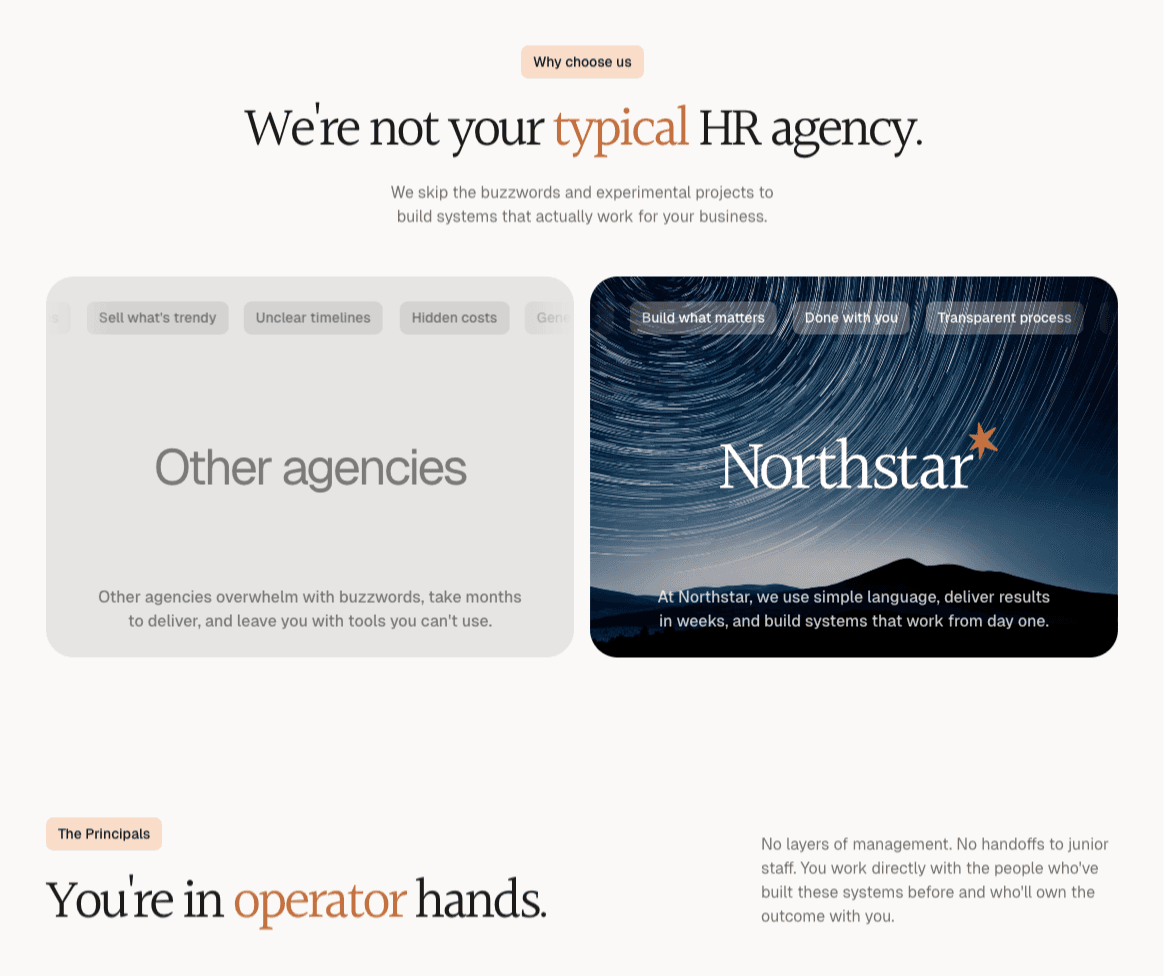 The 'Why Choose Us' comparison section with a side-by-side agency comparison over a long-exposure star-trail photograph, paired with a 'You're in operator hands' callout.