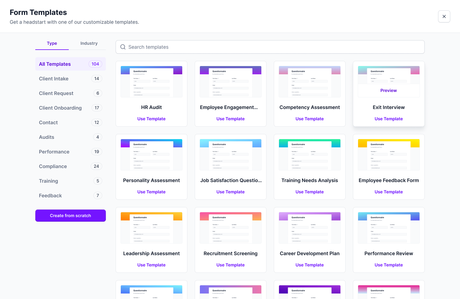 The Shrlock Form Templates picker, with a left rail of categories and a grid of HR templates including HR Audit, Exit Interview, Employee Engagement, and Performance Review.