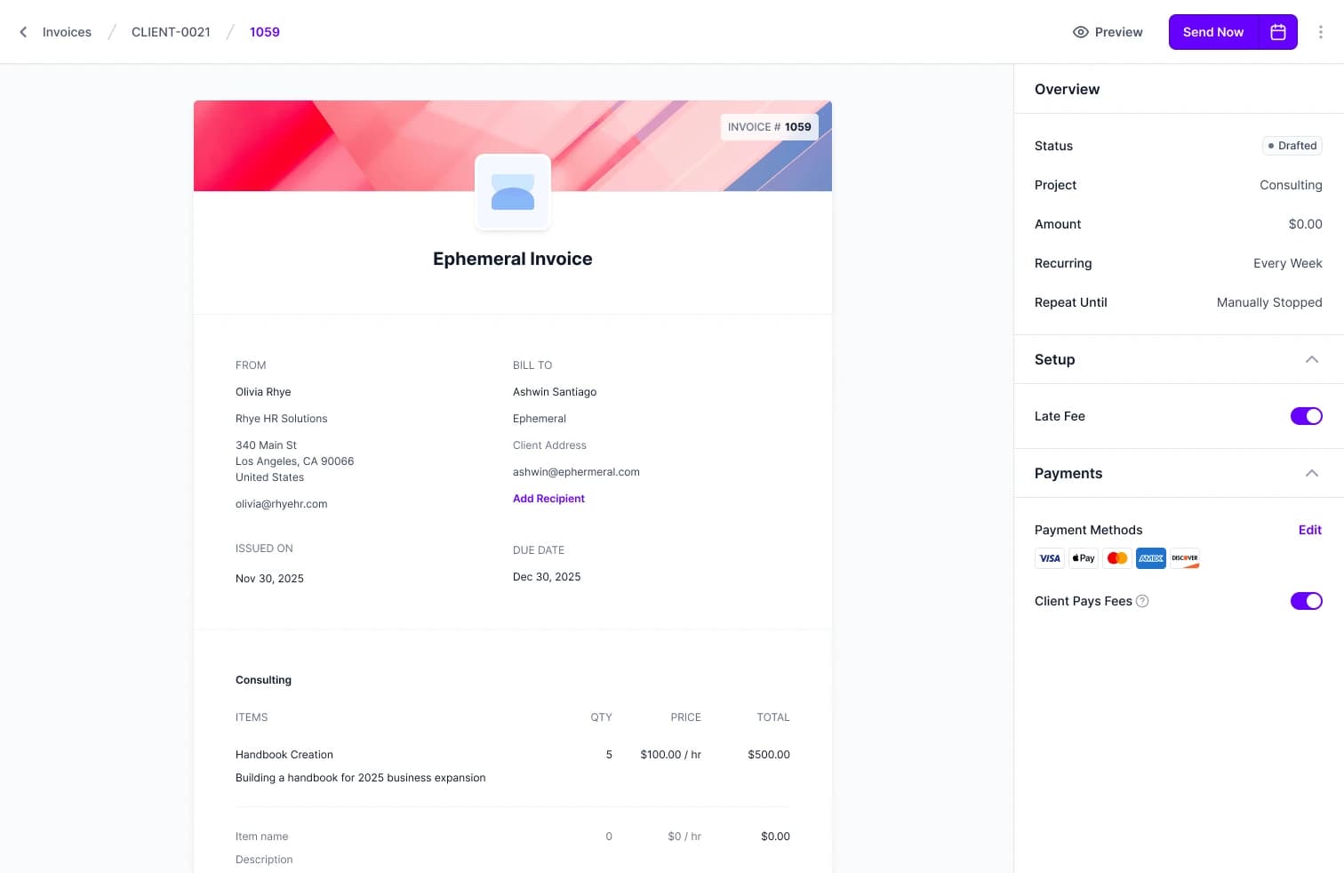The invoice editor for a Shrlock client invoice, showing from-and-to billing, issued and due dates, line items priced by hourly rate, and a side panel for setup, payments, and recurrence settings.