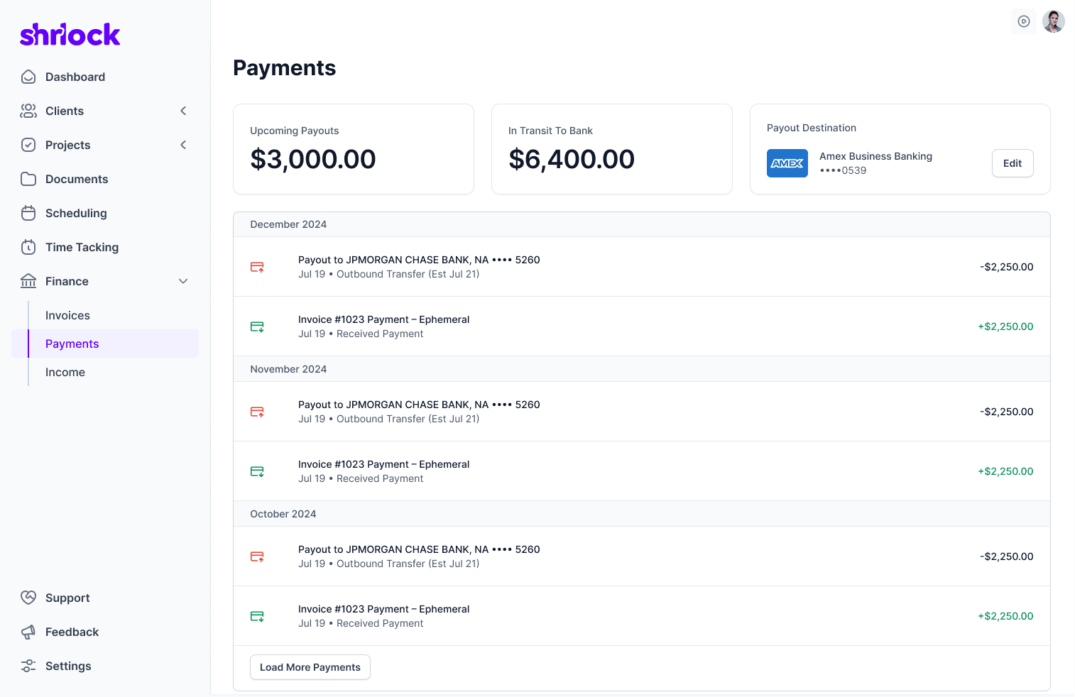 The Shrlock payments view, with upcoming payouts and in-transit totals across the top and a chronological transaction history of payouts and received invoice payments below.