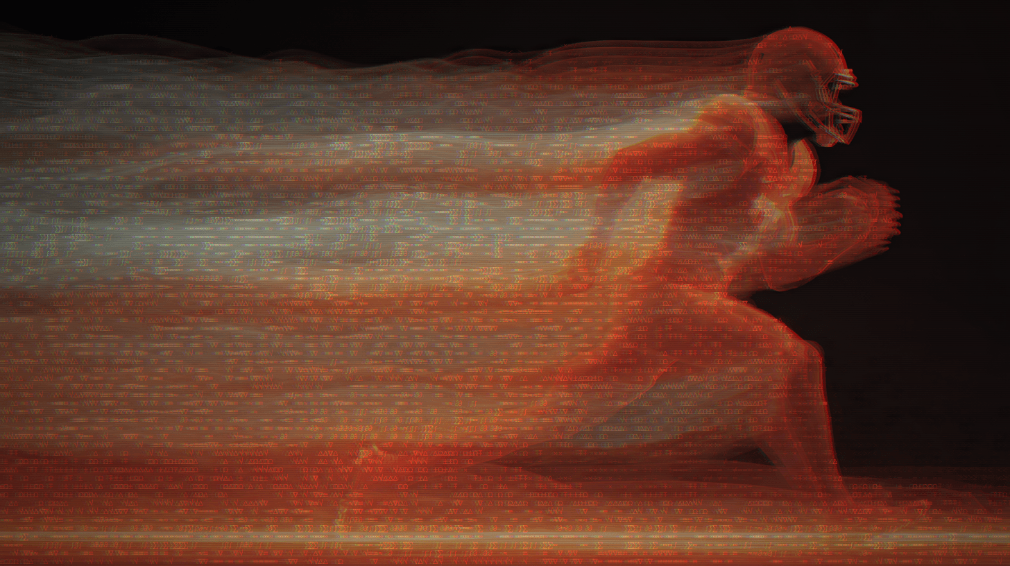 A football player sprinting through a dark field of orange and green market-data artifacts, with the body dissolving into streams of signal.