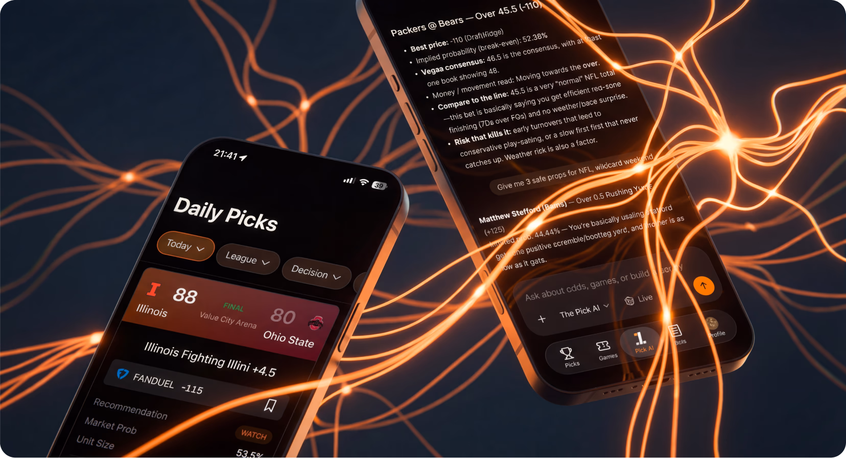 The Pick on iOS: the daily card stack and a chat thread, set against copper-lit fiber-optic photography.