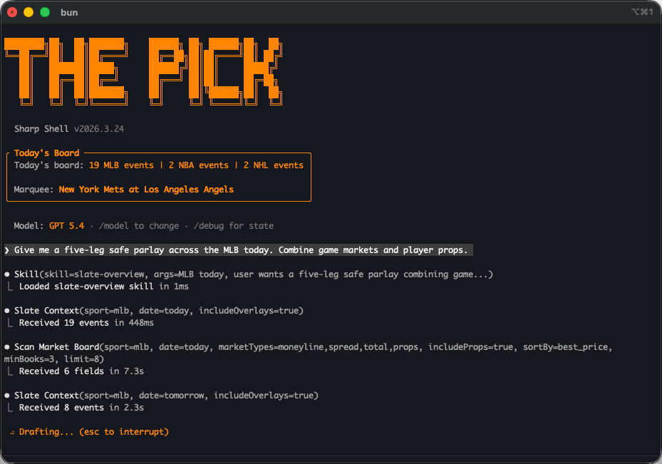 Sharp Shell running in a terminal with the agent drafting a sports-betting research response.