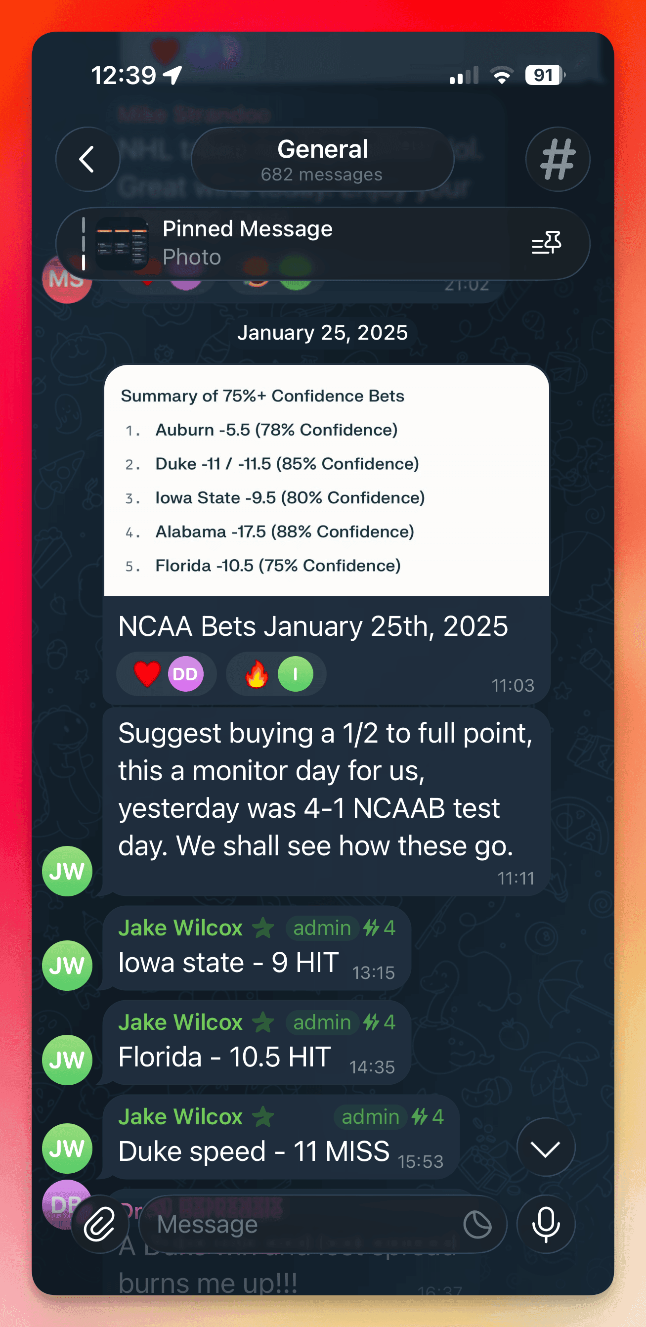 The Pick's 2024 Telegram channel: a pinned summary of 75%+ confidence NCAA bets followed by admin posts marking each pick as a hit or miss as the day settles.