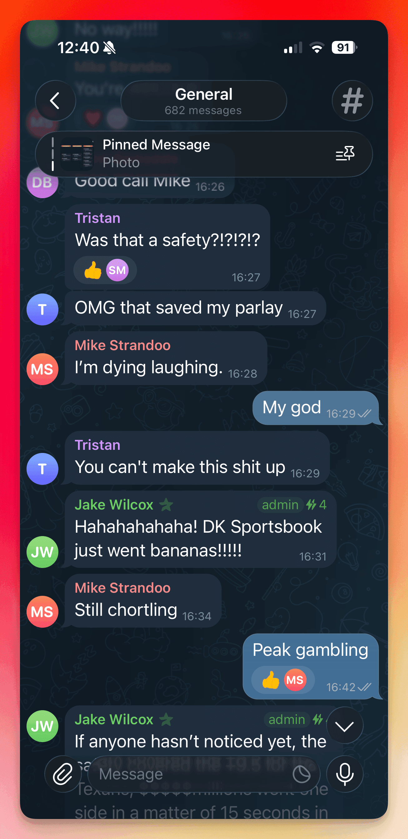 The Pick's 2024 Telegram channel: subscribers reacting to a result with banter and emoji while the day's picks settle.