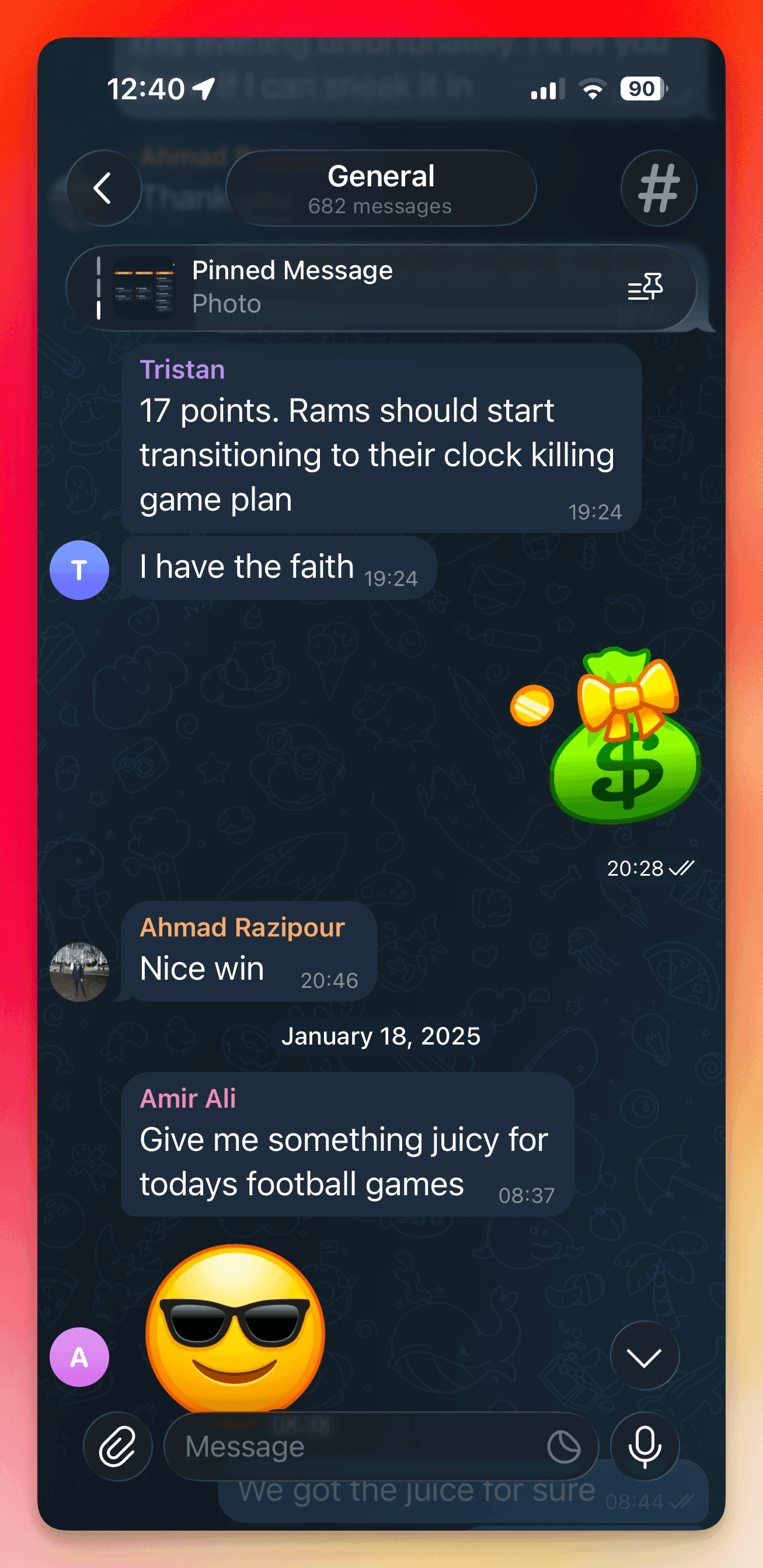 The Pick's 2024 Telegram channel: subscribers asking for the day's picks and celebrating a win, the channel running as a community around the broadcast.