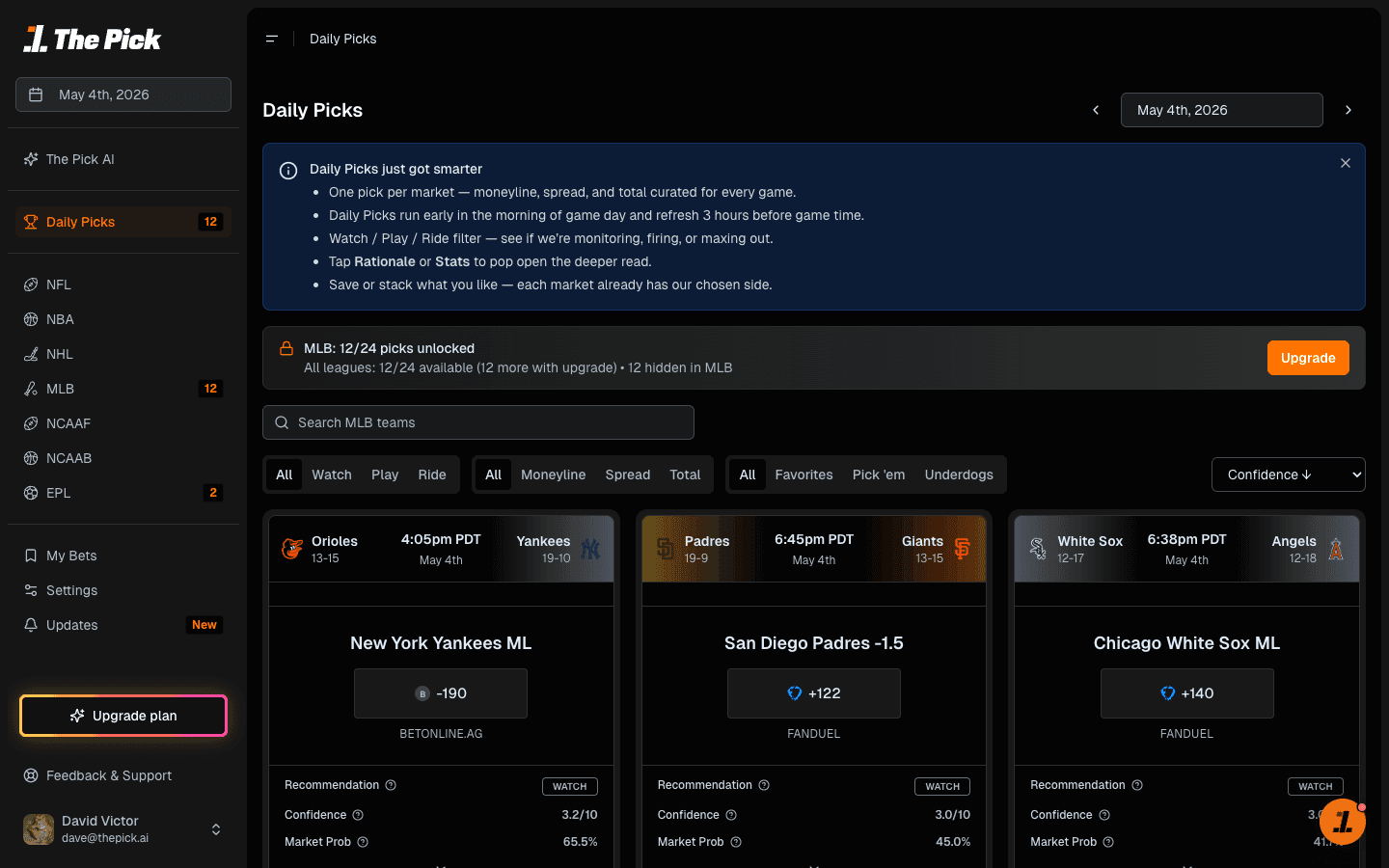 The Pick on the web: the Daily Picks page with a left sidebar of leagues (NFL, NBA, NHL, MLB, NCAAF, NCAAB, EPL), a Watch / Play / Ride filter row, and three game cards for the day showing recommendation, confidence, and market probability.