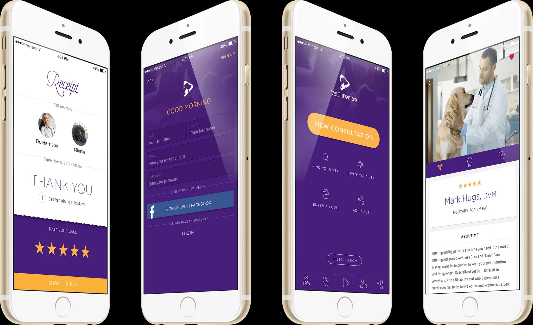 Four iPhones showing the consumer app: a post-consult receipt with a vet rating, a Sign in with Facebook entry screen, the home menu with options to find a vet and rate a vet, and a vet's bio page including specialties and reviews.