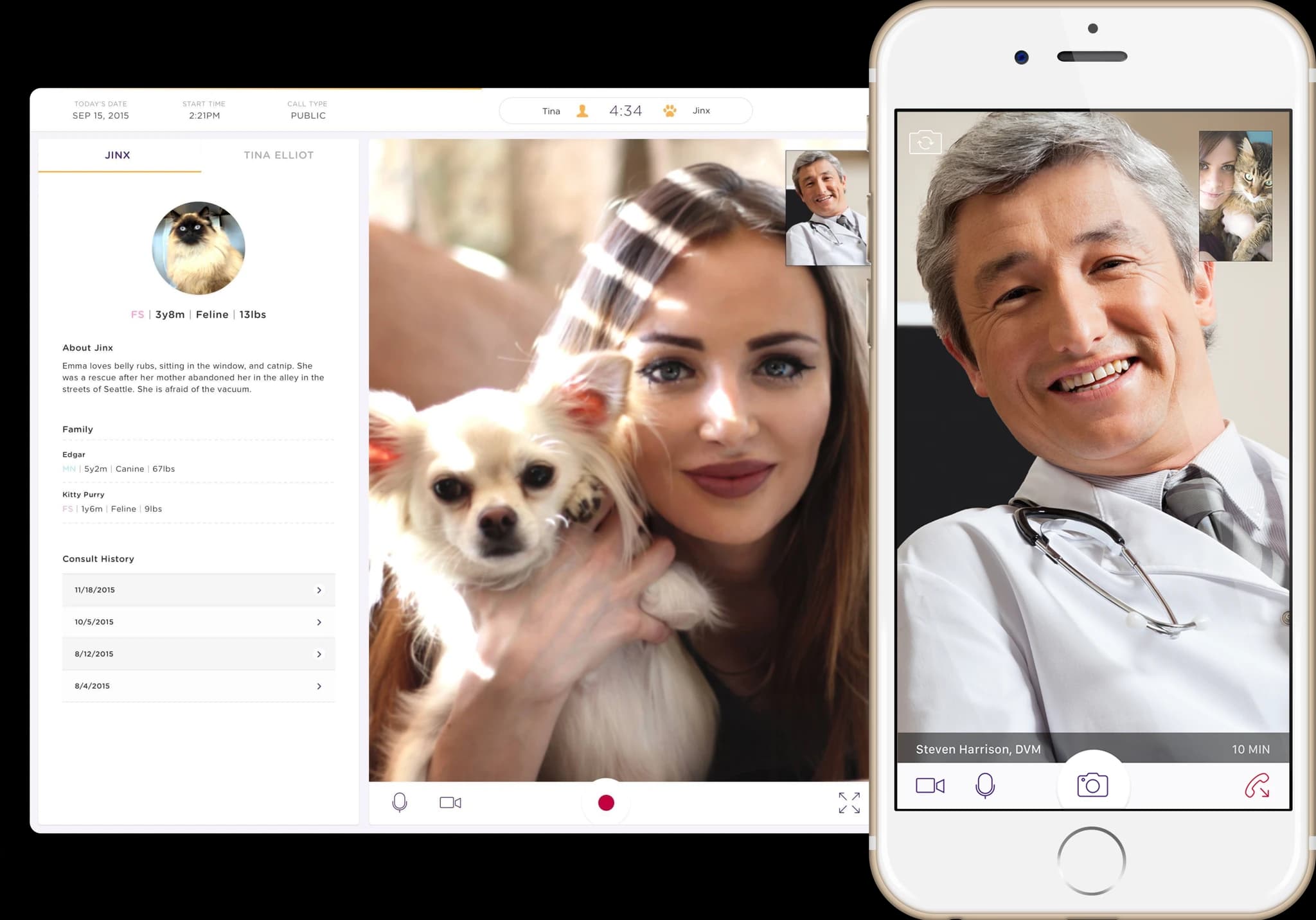 The provider tablet portal showing a patient profile for Jinx with consult history beside the in-call video frame, alongside a consumer iPhone showing the vet on a live video call from the owner's side.